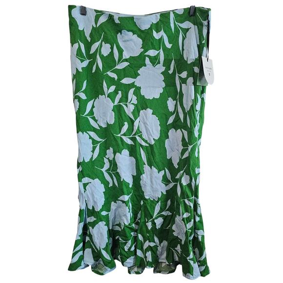 Kate Spade Linen Skirt Womens Large Green Blue Floral Pencil Modest Boho Twee - Picture 1 of 8